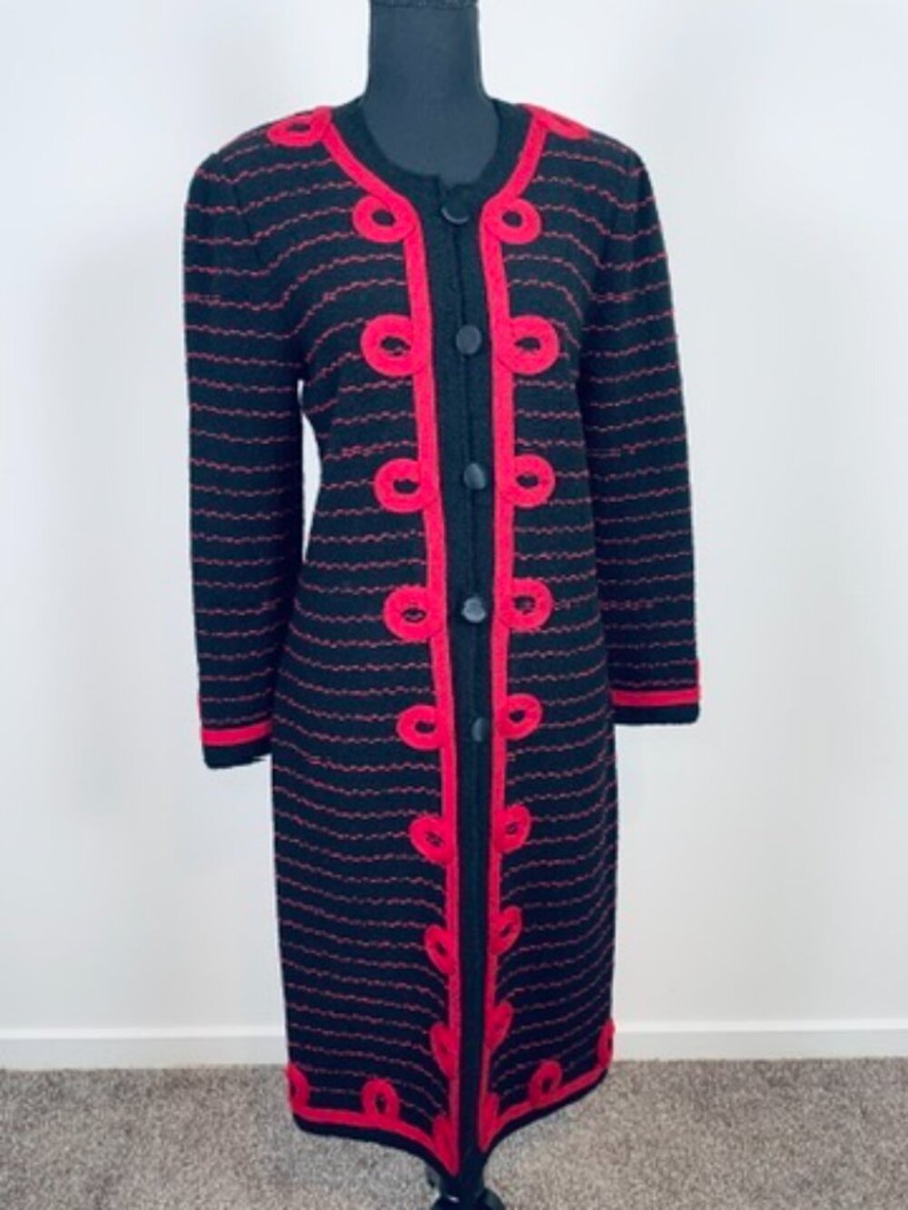 Vintage Adolfo at Saks Fifth Avenue black and red long knit cardigan coat